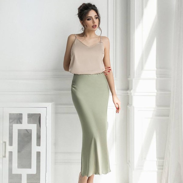 Olive Silk Midi Skirt Silk Midi Skirt Bias Cut Silk Skirt Modest Skirt for Women Silk Office Skirt Special Occasions Silk Long Skirt