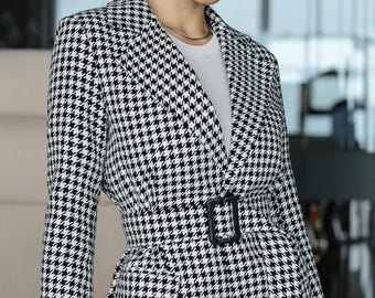   ヴィンテージ ダブルブレストジャケット 千鳥格子柄 テーラードジャケット】ダブルブレストコート 千鳥格子 モノトーン
