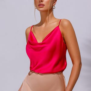 Hot Pink Silk Cami Top, Cowl Neck Sleeveless Blouse