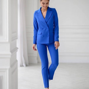 Conjunto de traje de negocios elegante para mujer, chaqueta  corta, pantalones, pantalones de pierna ancha, traje de 2 piezas,  pantalones de club para damas, Azul : Ropa, Zapatos y Joyería