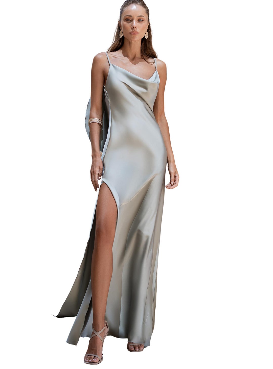 open lace back dress Olive Satin Cowl Back Maxi Dress – InTheStyle main image 1