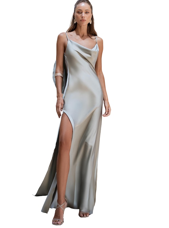 Olive Satin Cowl-Neck Backless Maxi Dress | ELAGIA Olive / XS