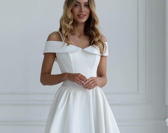 Elopement Mini dress, Mini dress with off-the-shoulder short sleeves, Bustier  Dress for Special Occasions, White Summer Bridal Mini dress