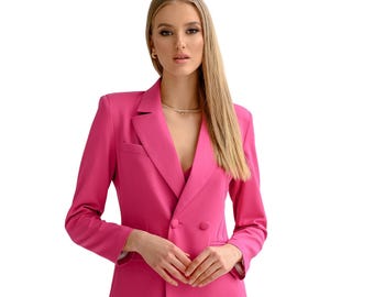 Hot Pink Three-Piece Pantsuit Wide Leg Trousers Crop Bustier Top