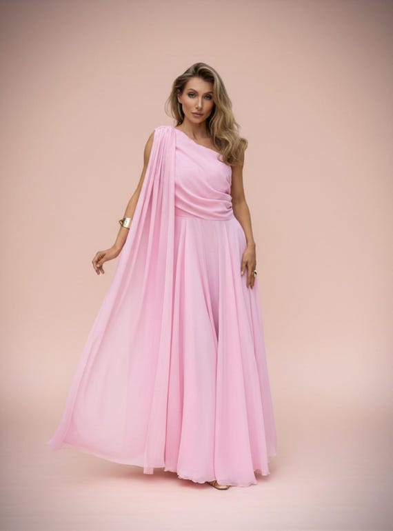 Light Pink Chiffon One-shoulder Maxi Dress With a Cape Drape