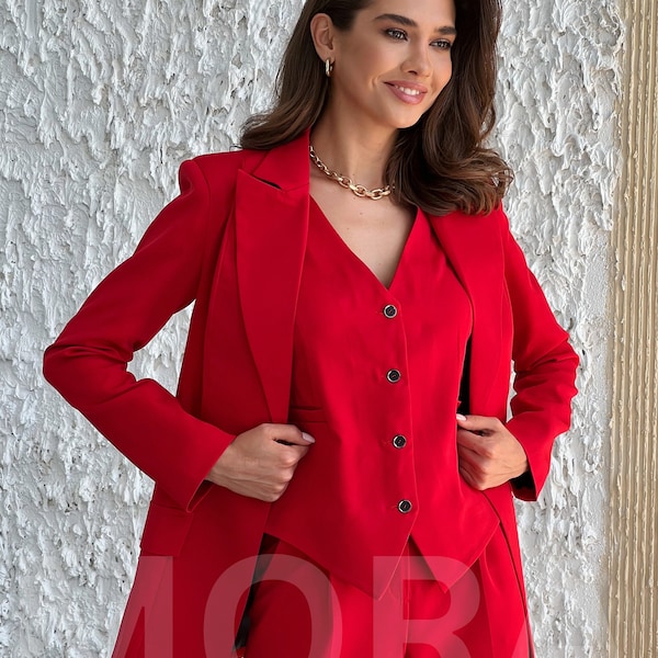 Roter 3-teiliger Büroanzug für Frauen mit schmaler Passform, geknöpfter Weste und einreihigem Blazer, Damenbürokleidung, roter Hosenanzug