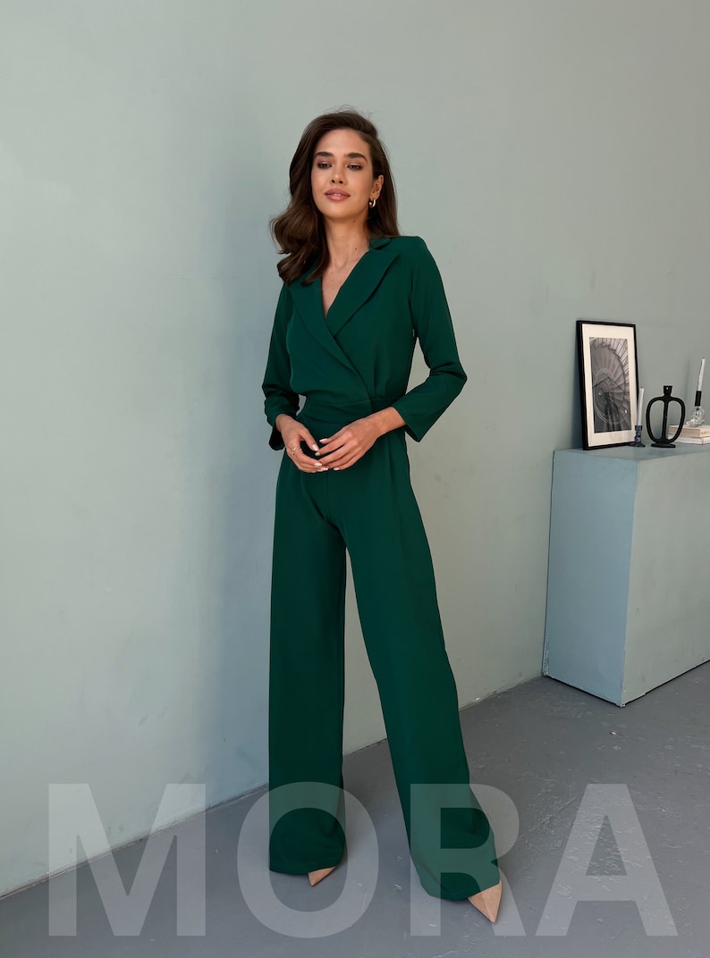 Emerald Green Formal Jumpsuit TALL Women, Womens Jumpsuit, Women Onepiece for Wedding Guest, Birthday Outfit, Jumpsuit with Long Sleeves image 5