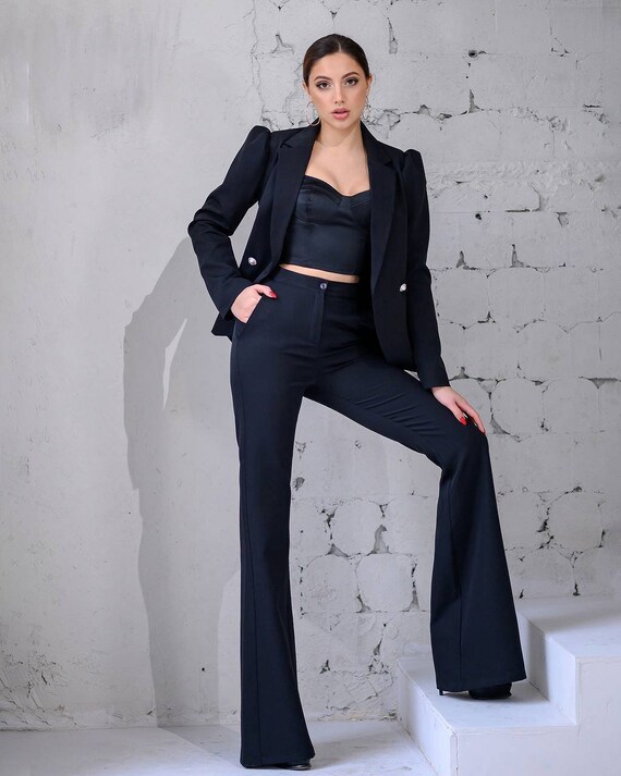 Black Bell Bottom Pants Suit Set With Blazer, Puffed Sleeve Blazer for  Women, Black Trouser Set for Women, Black Pantsuit Set Womens 