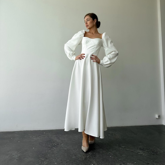 navy blue dress for baby girl White Long Dress with Puff Sleeve and Flared Skirt Engagement A Line Midi Dress