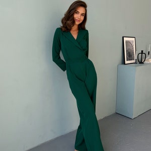Emerald Green Formal Jumpsuit TALL Women, Womens Jumpsuit, Women Onepiece for Wedding Guest, Birthday Outfit, Jumpsuit with Long Sleeves image 9