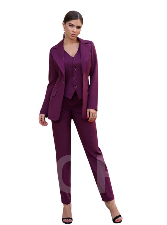 Burgundy Womens Blazer Suit Office Women 3 Piece Suit With Slim Fit Pants Buttoned Vest and Single breasted Blazer Office Wear for Women Etsy Canada