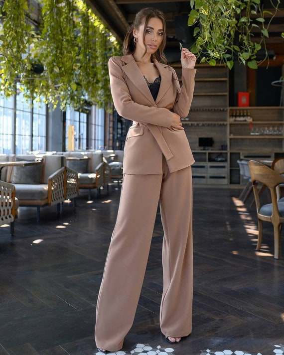 Beige Blazer Trouser Suit for Women, Business Casual Outfit, Beige Pantsuit  for Women, Wide Leg Pants With High Rise, Tall Women Pantsuit 