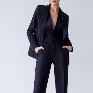 Black Three-Piece Pantsuit with Satin Lapel Blazer, Waistcoat and Long Pants