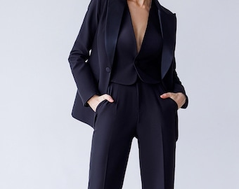 Black Three-Piece Pantsuit with Satin Lapel Blazer, Waistcoat and Long Pants