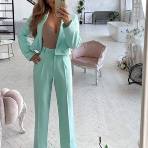 Mint Blazer And Black Flare Pants In Cotton Sateen Outfit