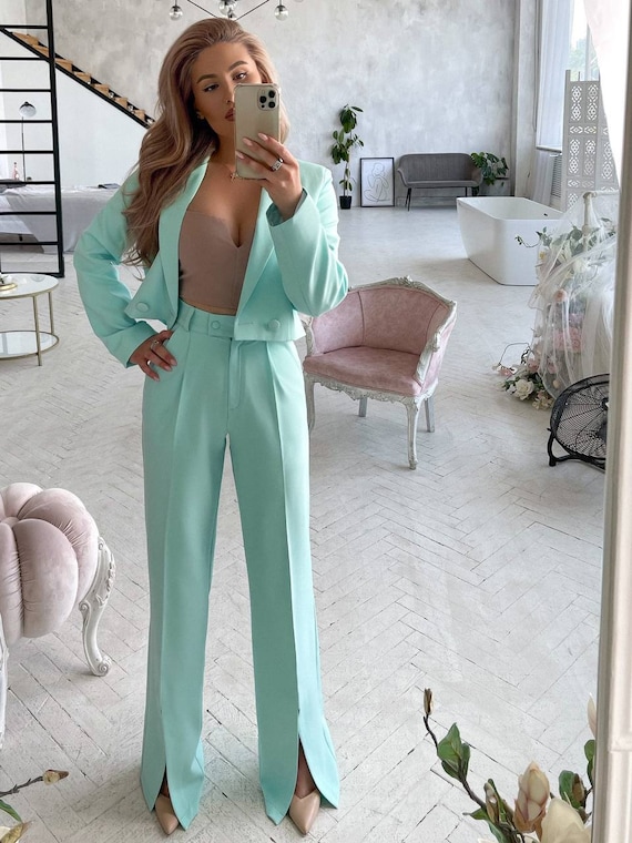 Mint Green Pantsuit for Women With Cropped Buttoned Blazer and - Etsy