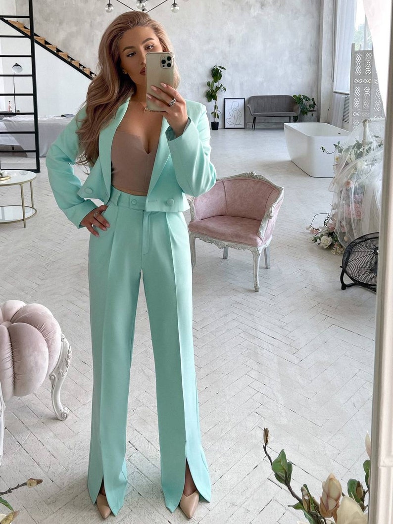 Combo of 2 Women Mint Green Peach Cotton Trouser Pant main image 1