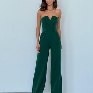 Tuta con corsetto verde smeraldo, alta, senza maniche, gamba larga immagine 10