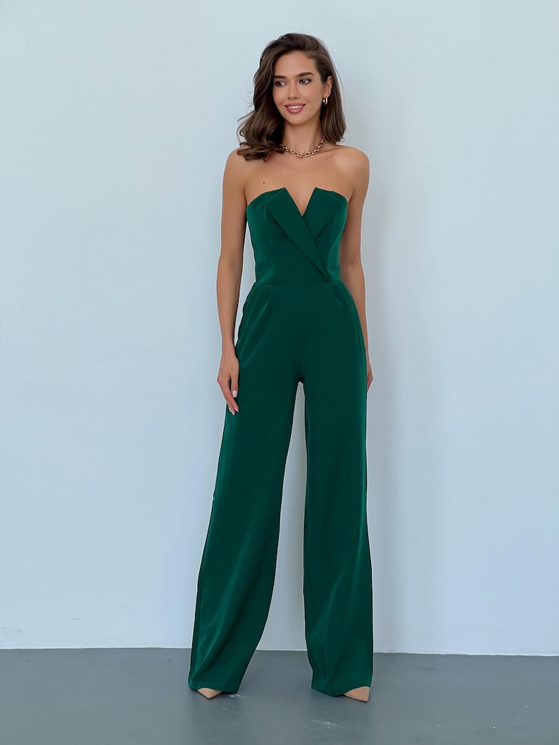 Tuta con corsetto verde smeraldo, alta, senza maniche, gamba larga immagine 10