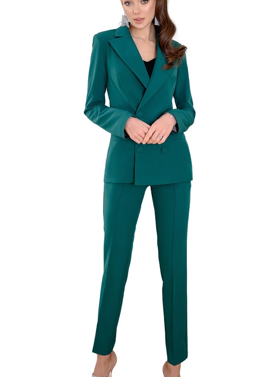 Emerald Green Slim Fit Straight Leg Pants High Rise Crease