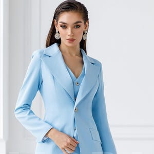 Hellblauer Damen Blazer Anzug, 3-teiliges Damen Hosenanzug Set, Blaues Blazer Hosenanzug Set für Damen