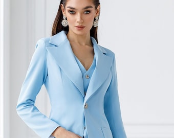 Traje de pantalón y blazer azul claro, conjunto de 3 piezas para mujer.