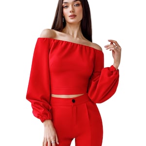 Off-the-shoulder Crop Top with Long Sleeves, Off shoulder Blouse, Long Sleeve Crop top