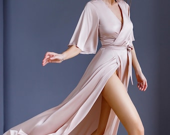 Beige Silk true Wrap full length Dress for women