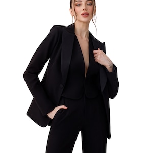 Black Formal Pantsuit With Satin Lapel Collar Blazer, Tall Women Pantsuit, Black Business Casual Blazer Trouser Suit for Women