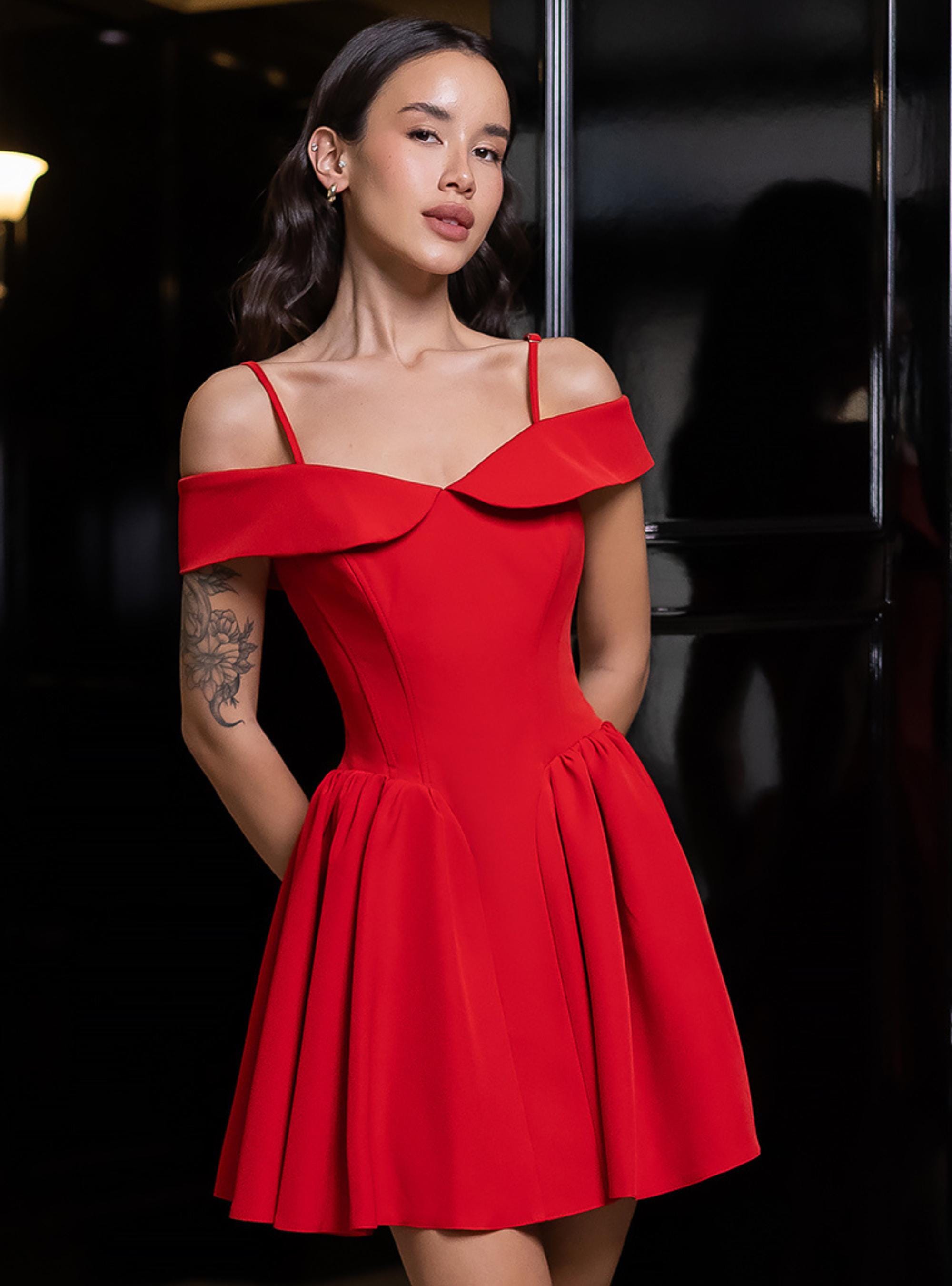 off shoulder short dress formal Cute Black Off-Shoulder Layered Satin Short Prom Homecoming Formal Dress main image 0