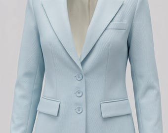 Light Blue Two-Piece Pantsuit with Fitted Blazer and Wide-Leg Pants