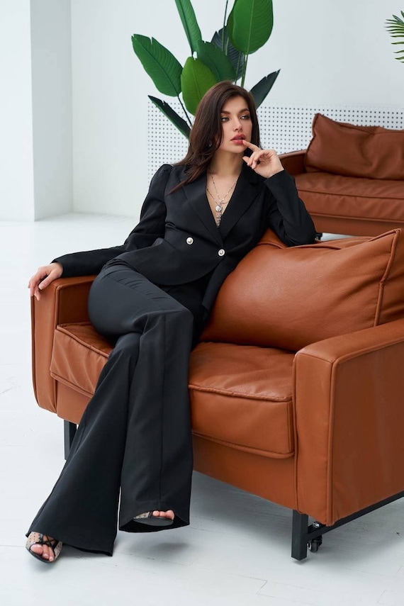 Black Flared Pants With Puffed Blazer, 90s Style Pants Suit Set