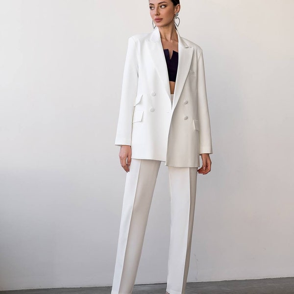 White Oversized Blazer Trouser Suit for Women, Bridal Pantsuit for Courthouse wedding, Classic Pantsuit for Women