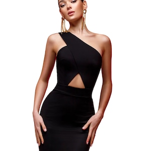 Black One Shoulder Maxi Dress, Maxi Dress with High Side Slit and Waist Cutouts, Black Bandage Maxi Dress, Slimmering dress one shoulder