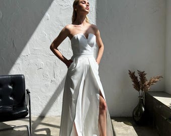 White Strapless Corset Jumpsuit: Elegant Wide Leg Bridal Look