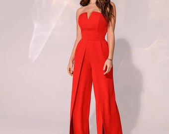 Red wide leg Jumpsuit for Women, red Corseted jumpsuit for special occasions, Wedding Guest Jumpsuit, Women's Formal Jumpsuit