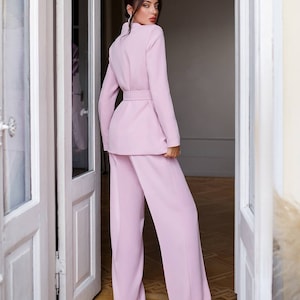 Light Pink 2-piece Suit Set for Women, Pink Pantsuit With Belted Blazer ...