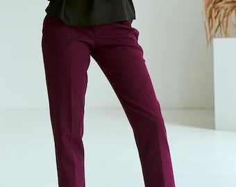 Burgundy Pants Women, High Rise Burgundy Trousers for Women, Regular Fit Pants Women, Burgundy Office Wear Women, Classic Pants for Women