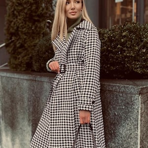 Houndstooth Coat Womens, Long Wool Coat, Belted Wool Coat for Women, Double-Breasted Overcoat for Women, Houndstooth Wool Coat Womens