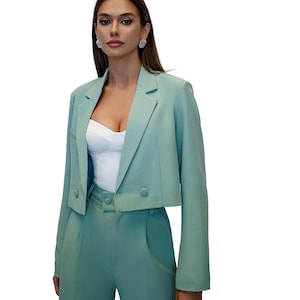 Olive Green Pantsuit for Women with Cropped Buttoned Blazer and Straight Pants Front Slit, Blazer Trouser Suit for Women, Trendy Office Wear