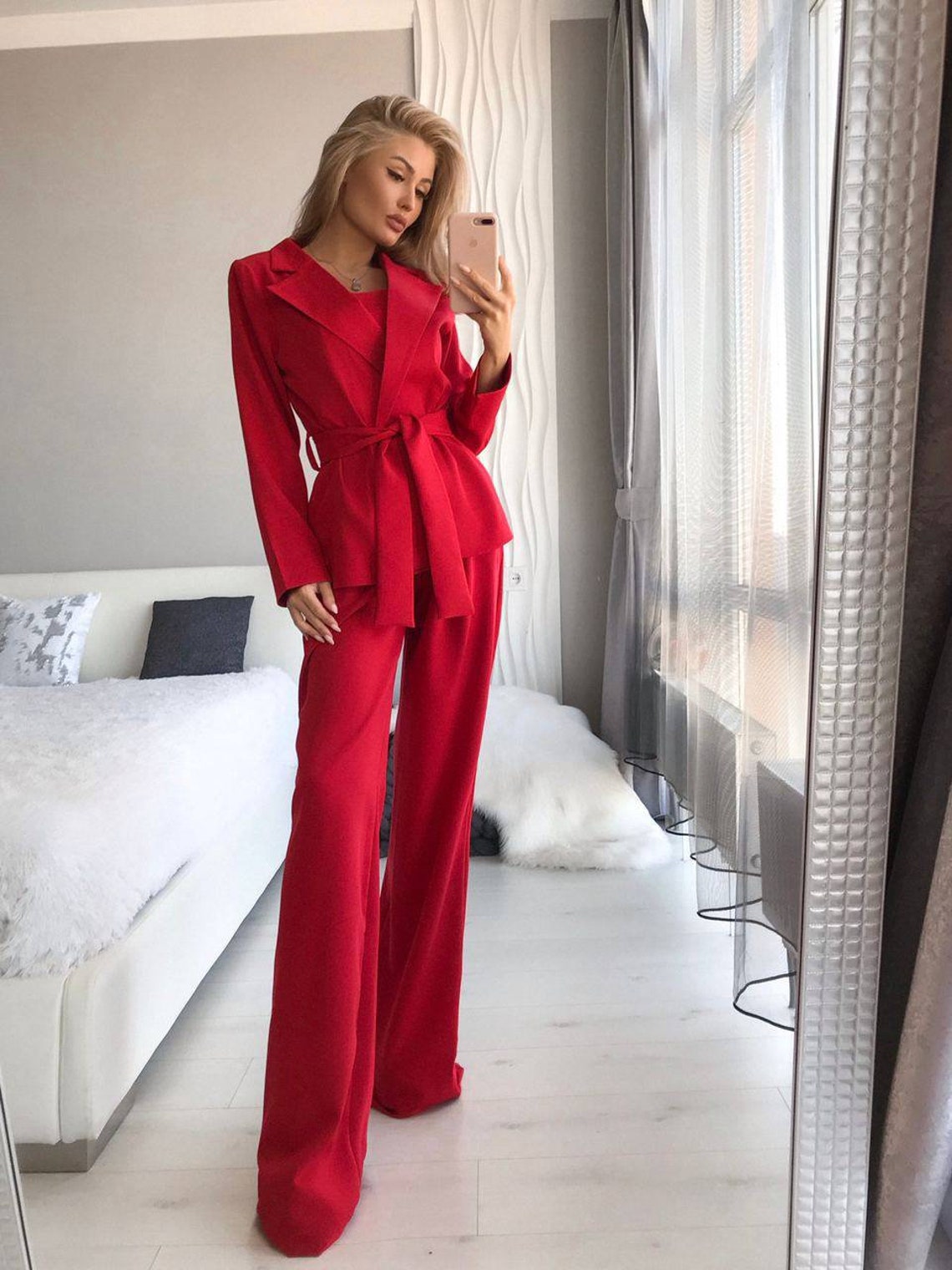 Red Womens Suit Office Women 3 piece Suit with Wide Leg High | Etsy