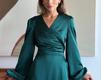 green dress lipstick colour Mindy Faux Wrap Dress – Covetique Clothing main image 0