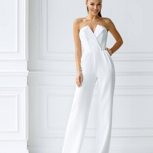 Combinaison de dîner de répétition sans manches pour les femmes grandes, combinaison blanche chic avec des bas longs et un haut corsé, haut de soutien de la poitrine image 6