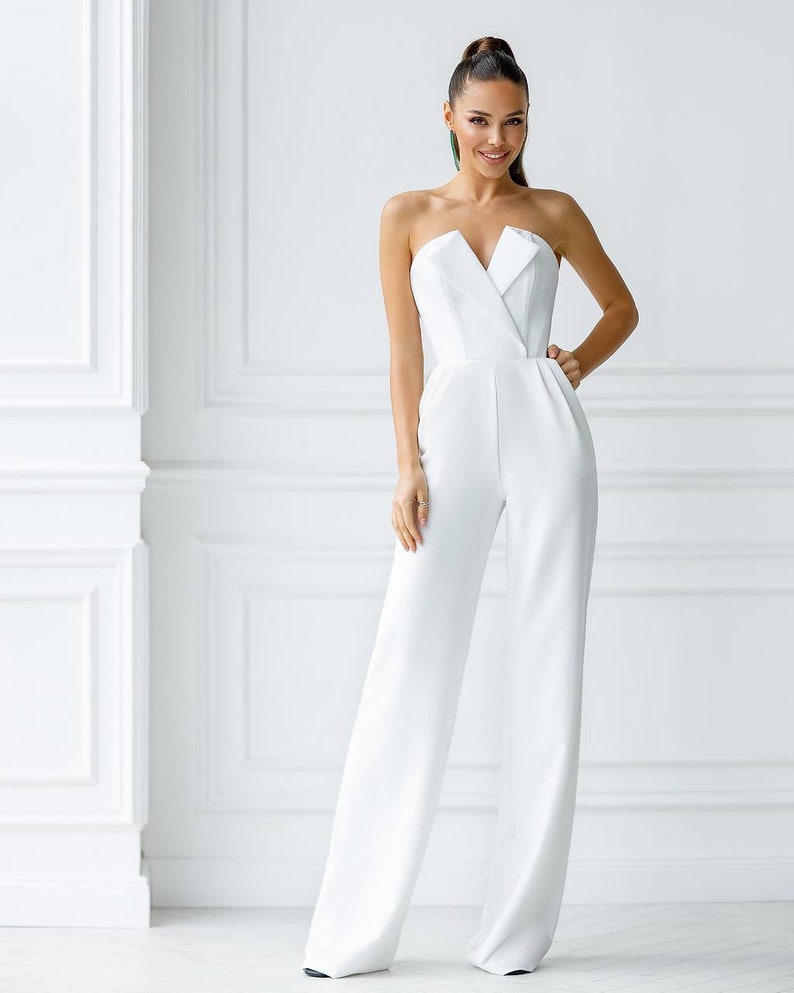 Combinaison de dîner de répétition sans manches pour les femmes grandes, combinaison blanche chic avec des bas longs et un haut corsé, haut de soutien de la poitrine image 6