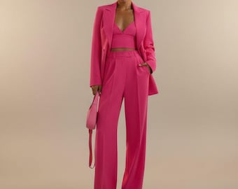 Hot Pink Three-Piece Pantsuit with Blazer, Crop Top and Wide-Leg Pants