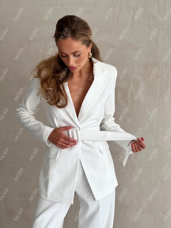 White Formal Pantsuit for TALL Women White Wide Leg Pants High Rise Belted Blazer for Women White Blazer Trouser Suit Office Wear Women Etsy Canada