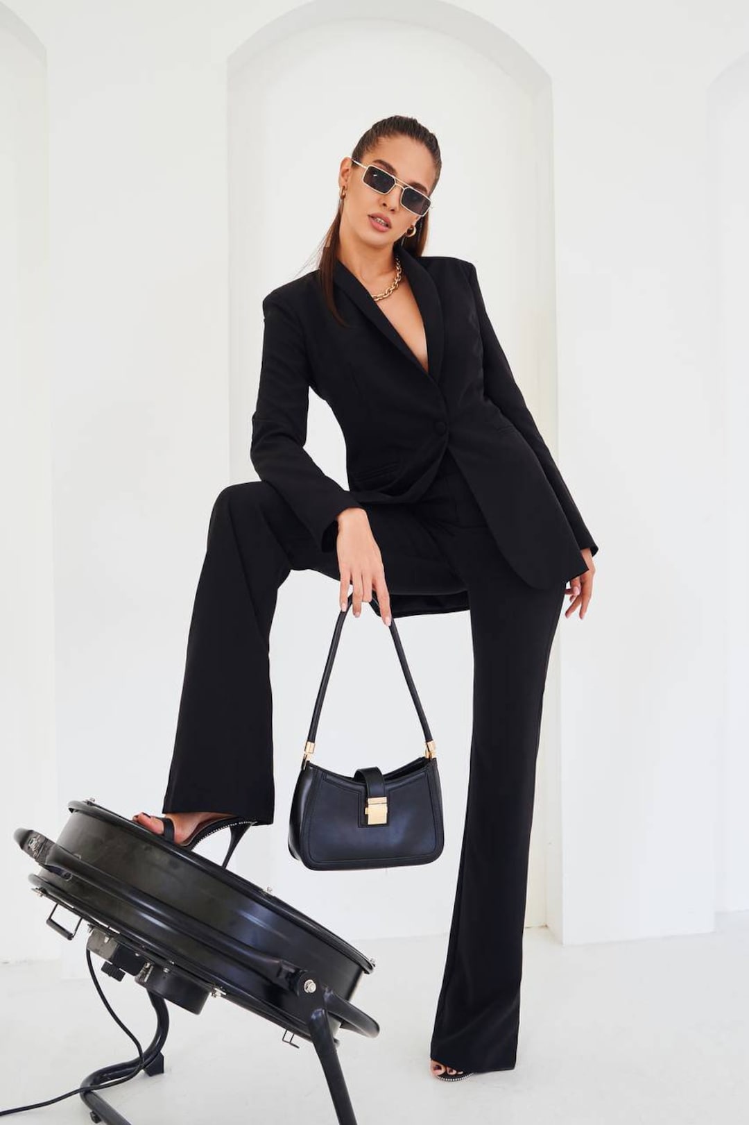 Black Flared Pants Suit Set With Blazer Black Classic - Etsy