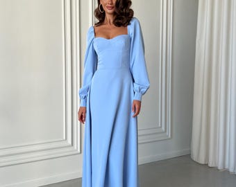 Light Blue Voluminous Sleeves dress, Midi dress with Long sleeves and  Sweetheart Neckline, Light Blue Midi Dress for Special Occasions
