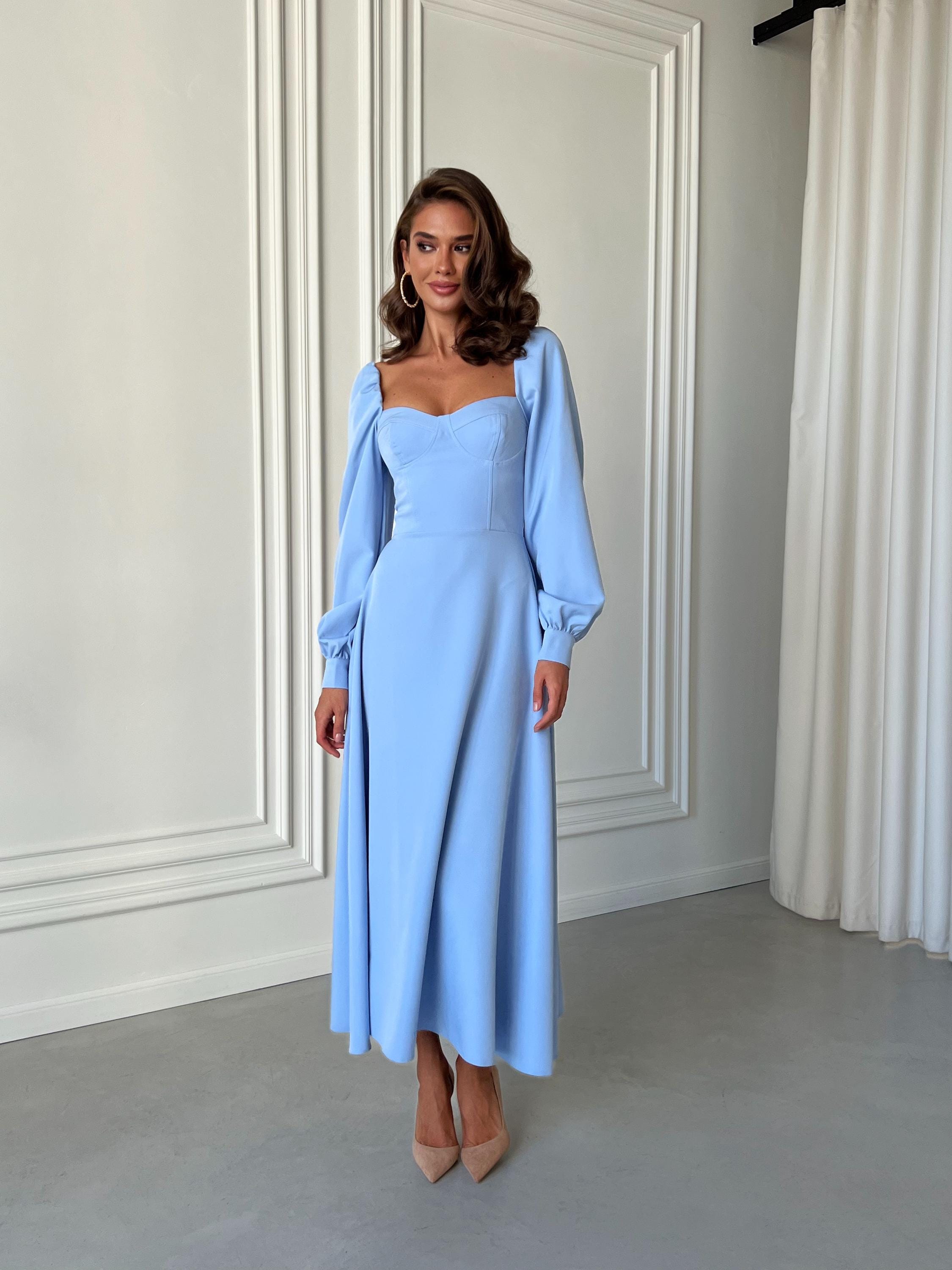 fitted lace wedding dress Long Bell-Sleeve Pleated Long Formal Dress CD242 Teal / 6 main image 1
