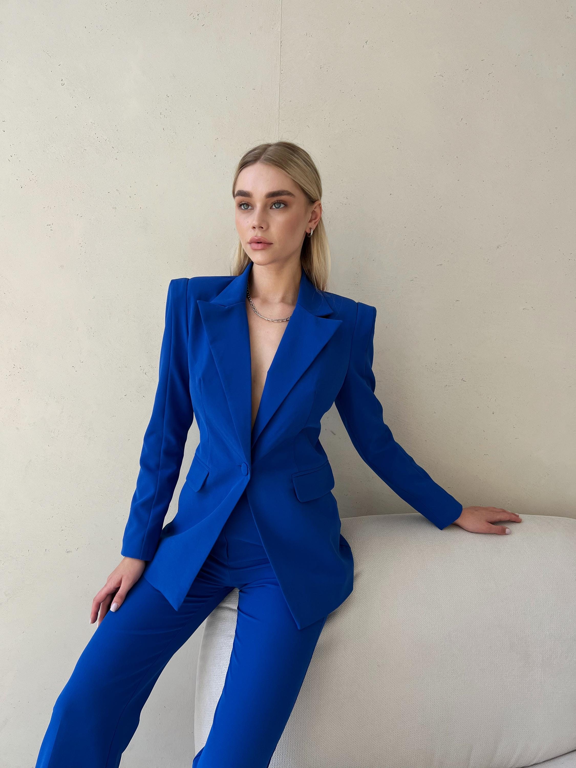 Royal Blue Formal Pants Suit with Single Breasted Blazer and Straight Pants High Waist, Blue Blazer Trouser Suit for Women, Tall Women Suit